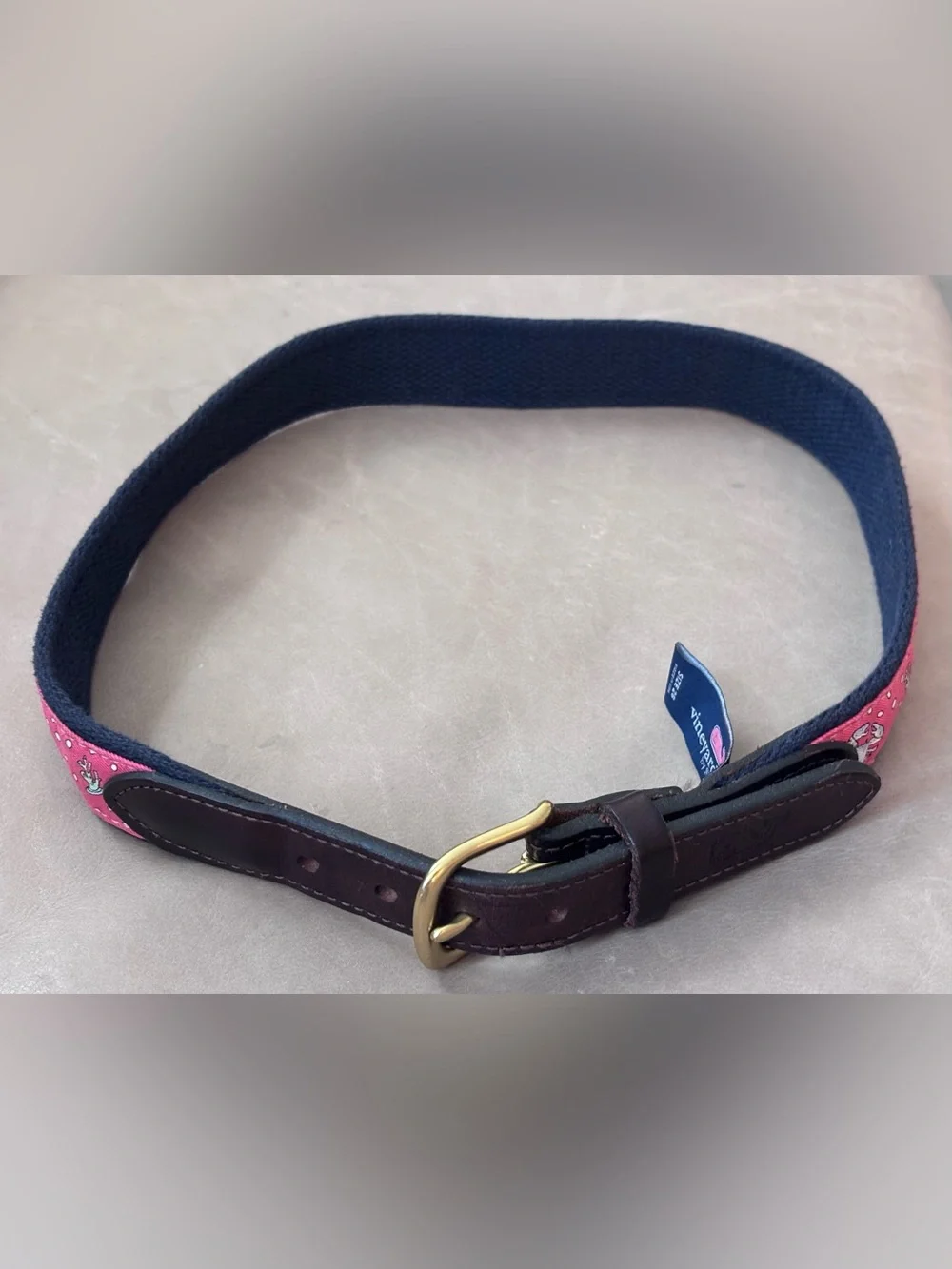 Vineyard Vines Pink Crab Canvas Leather Belt Size 28 Made in USA Solid Brass